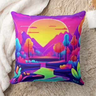 Neon Sunset Landscape Throw Pillow