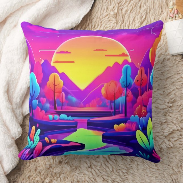 Neon Sunset Landscape Throw Pillow (Blanket)