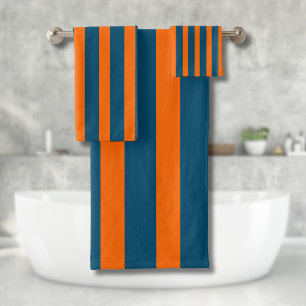 Neon Sunset Orange and Ocean Blue Cool Striped Bath Towel Set