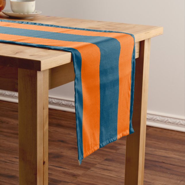 Neon Sunset Orange and Ocean Blue Cool Striped Short Table Runner (In Situ)