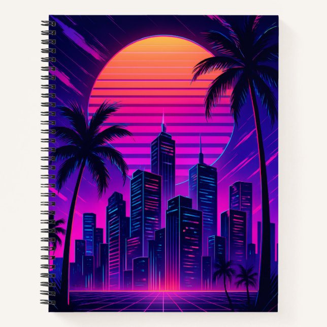 Neon Sunset Retro-Futuristic Cityscape Notebook (Front)
