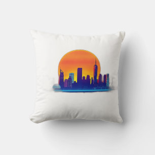 Neon Sunset Skyline with Brick Texture Throw Pillow