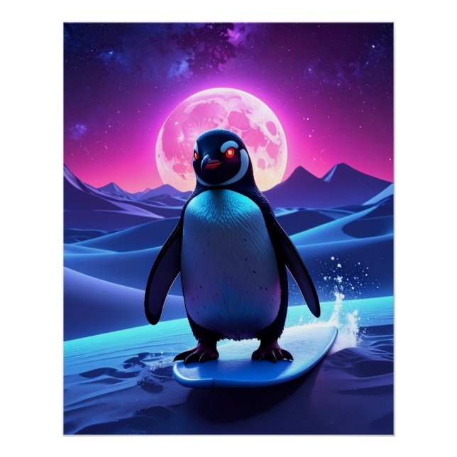 Neon Surf Penguin Poster (Front)