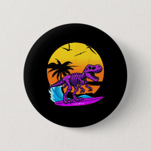Neon Surfing T-rex Skeleton With Vintage Beach Ret 2 Inch Round Button