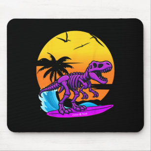 Neon Surfing T-rex Skeleton With Vintage Beach Ret Mouse Pad