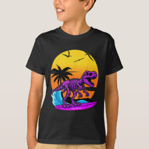 Neon Surfing T-rex Skeleton With Vintage Beach Ret T-Shirt
