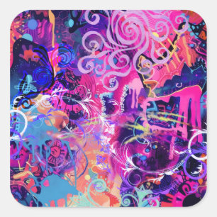 Neon Swirls Abstract Art Psychedelic Pink and Pu Square Sticker