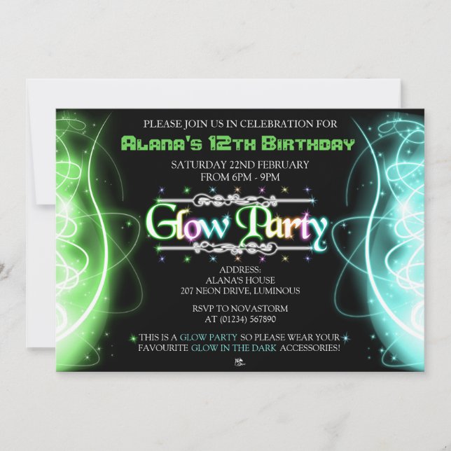 Neon Swirls Glow Party Invitations (Front)