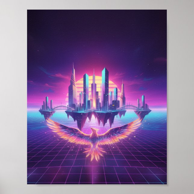 Neon Synthwave Cityscape Phoenix Art Print (Front)