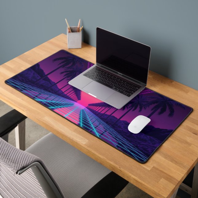 Neon Synthwave Grid Desk Mat - Retro 80s Gaming Mo (Office 2)
