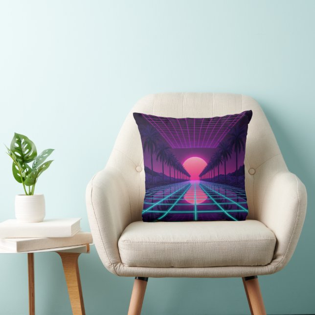 Neon Synthwave Grid & Palms Retro Pillow (Chair)