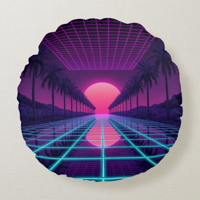 Neon Synthwave Grid & Palms Retro Pillow (Front)