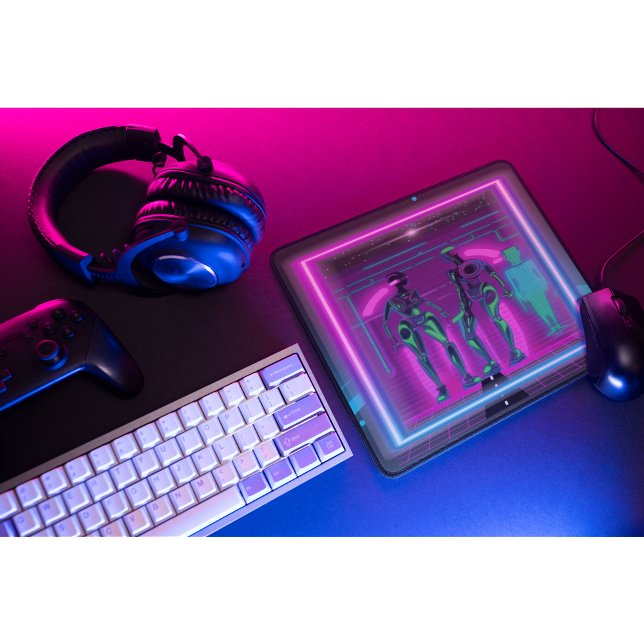 Neon Synthwave Humanoid Robots Cyberpunk Mouse Pad (Two neon robots bring retro-futuristic synthwave energy straight to your gaming setup.)