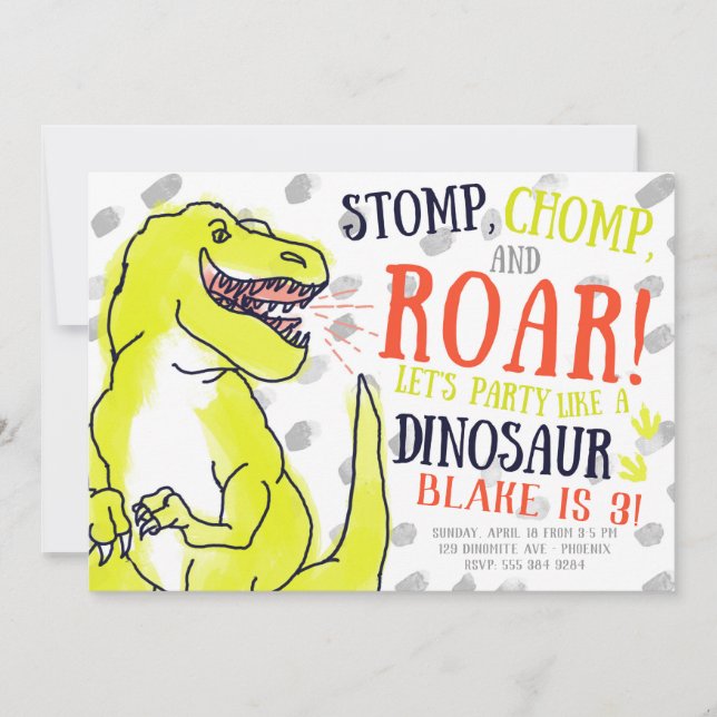 Neon T-Rex Dinosaur Birthday Party Invitation (Front)