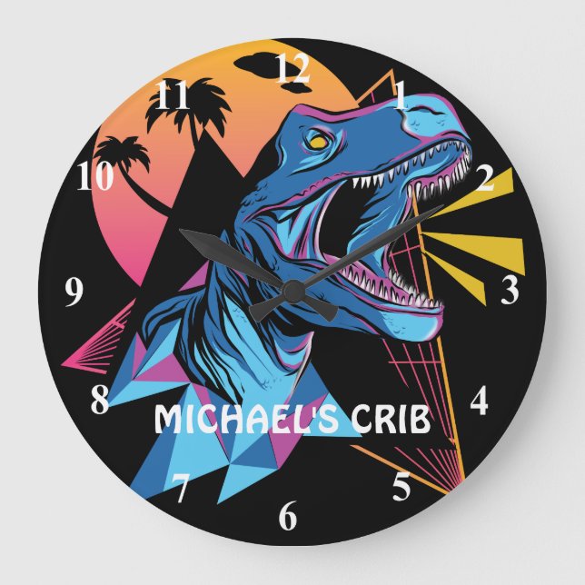 Neon T-Rex Dinosaur Graphics Teen Kids Cool Trendy Large Clock (Front)