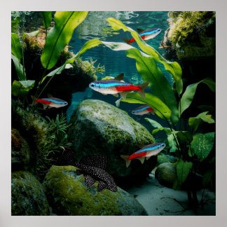 Neon Tetras Plecostomus Aquarium Fish Tank Lovers  Poster