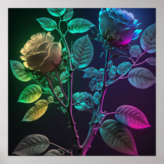 Neon Thorny Roses Poster
