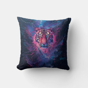 Neon Thunder Tiger Abstract Electric Glow Throw Pillow