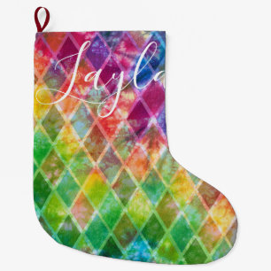 Neon Tie Dye Watercolor Harlequin Argyle Large Christmas Stocking