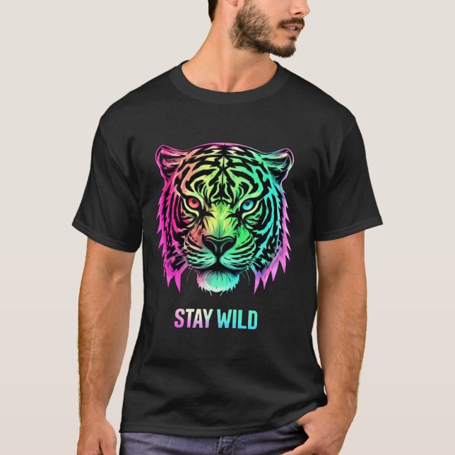 Neon Tiger Face T-shirt with Bold 3D STAY WILD (Front)
