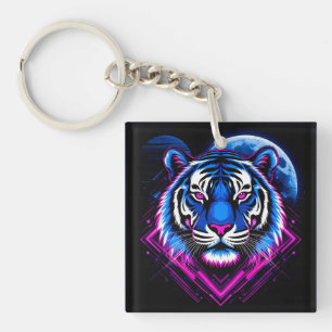 Neon Tiger Illustration with Geometric Shapes Keychain