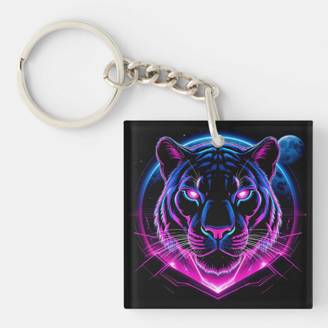 Neon Tiger Illustration with Geometric Shapes Keychain (Front)
