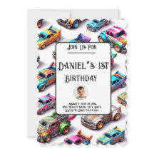 Neon Toy Car Theme 1st Birthday Invitation 