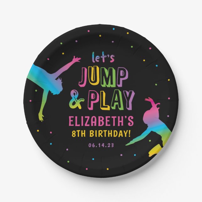 Neon Trampoline Park Girls Birthday Party Paper Plate (Front)
