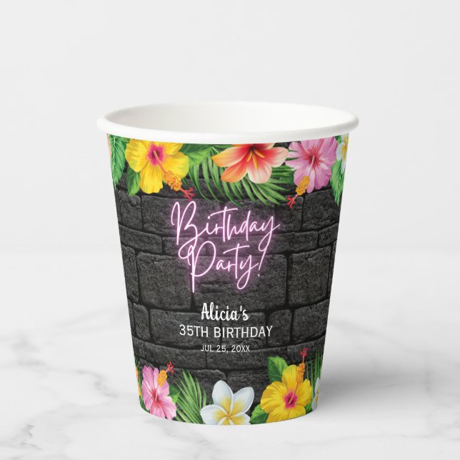 Neon Tropical Forest Summer Hawaii Birthday Party Paper Cups (Front)