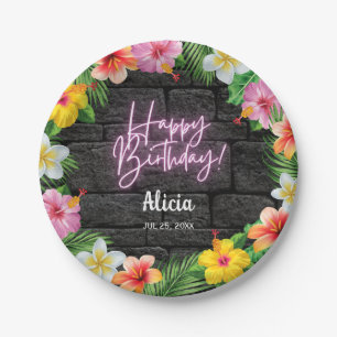 Neon Tropical Forest Summer Hawaii Happy Birthday Paper Plate