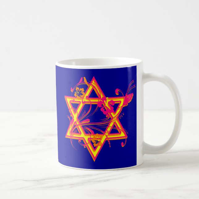 Neon Tropical Hibiscus Star of David Coffee Mug (Right)