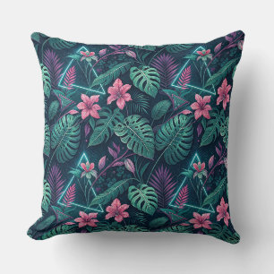Neon Tropical Jungle & Hibiscus Cyberpunk Pattern Throw Pillow