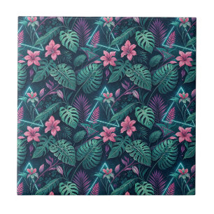 Neon Tropical Jungle & Hibiscus Cyberpunk Pattern Tile