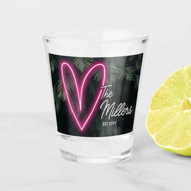 Neon Tropical Palm Love Wedding Favour Shot Glass (Front)