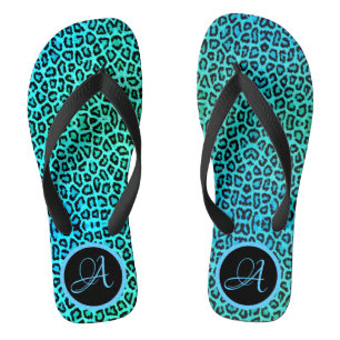 Neon Turquoise Leopard Print Monogram Flip Flops