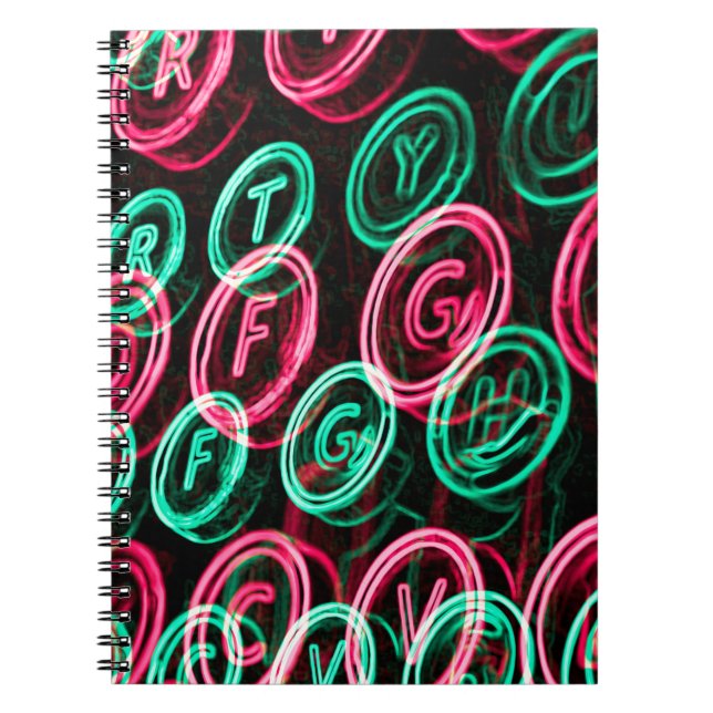 Neon typewriter keys close up notebook (Front)