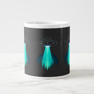 Neon UFO Abduction Over Pine Forest Large Coffee Mug