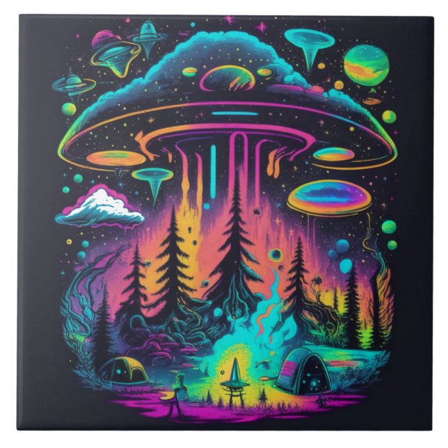 Neon UFO and Alien Scene Psychedelic Art Tile (Front)