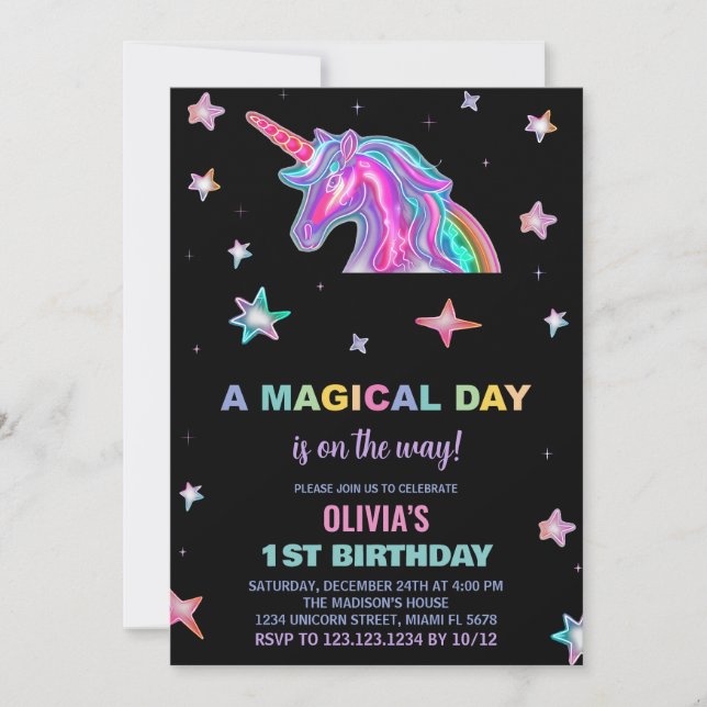 Neon Unicorn Birthday Invitations (Front)