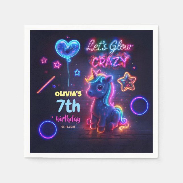 Neon Unicorn Birthday Party Let's Glow Crazy Napkin (Front)