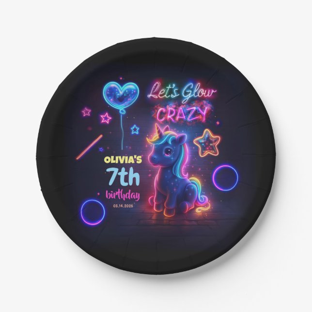 Neon Unicorn Birthday Party Let's Glow Crazy Paper Plate (Front)