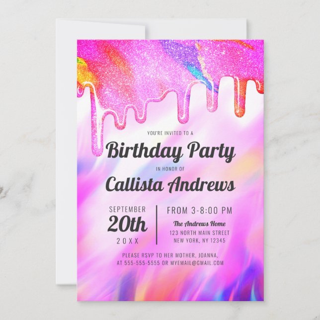 Neon Unicorn Holographic Glitter Drips Birthday Invitation (Front)