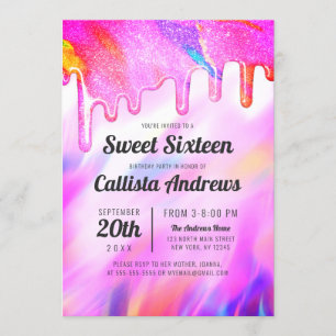 Neon Unicorn Holographic Glitter Drips Sweet 16 Invitation