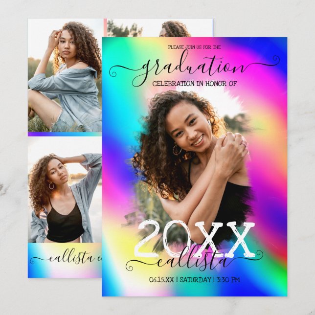 Neon Unicorn Holographic Photo Collage Graduation Invitation (Front/Back)