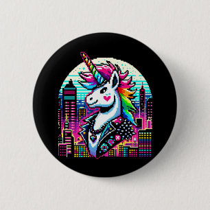Neon Urban Unicorn - Pixel Art Cityscape 2 Inch Round Button