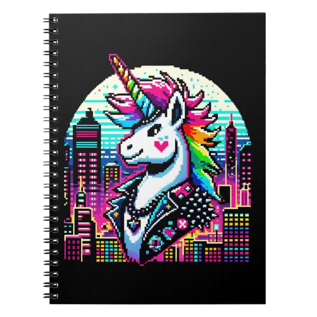 Neon Urban Unicorn - Pixel Art Cityscape Notebook (Front)