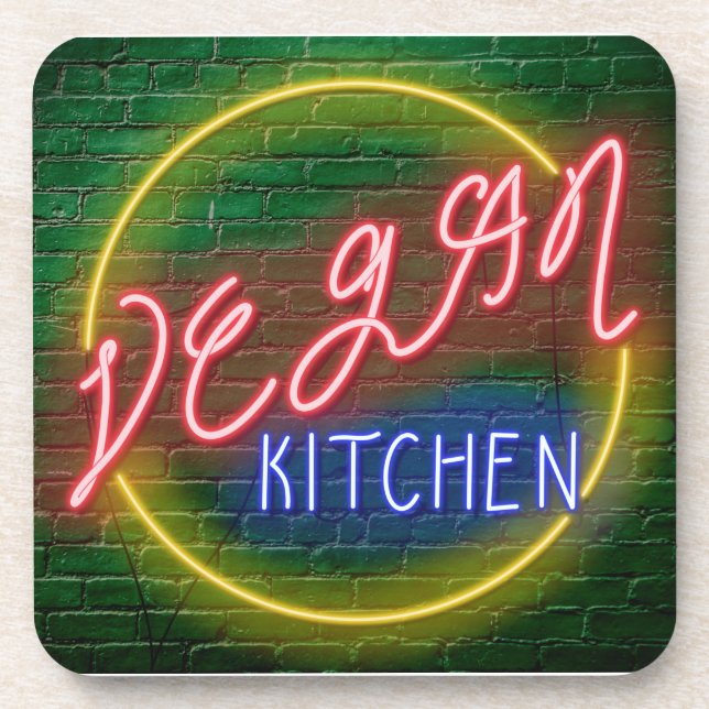 Neon Vegan Kitchen Sign Coaster (Front)