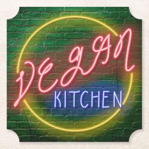 Neon Vegan Kitchen Sign Paper Coaster