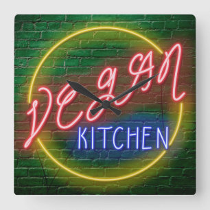 Neon Vegan Kitchen Sign Square Wall Clock