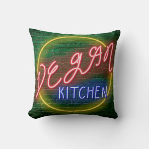 Neon Vegan Kitchen Sign Throw Pillow